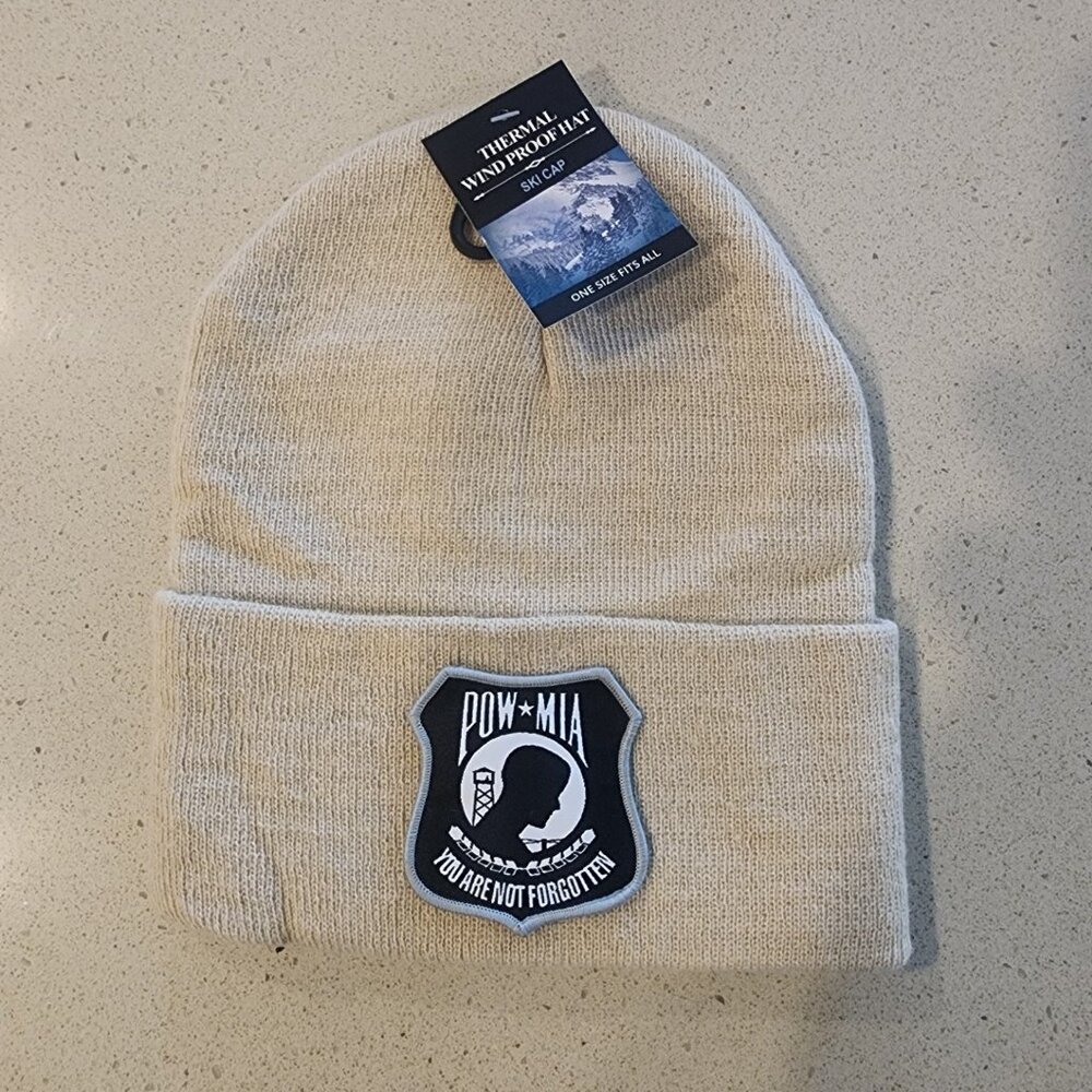 POW-MIA Patched Knit Cuffed Beanie in Beige.